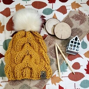 Chunky Mustard Knit Pom-Pom Beanie